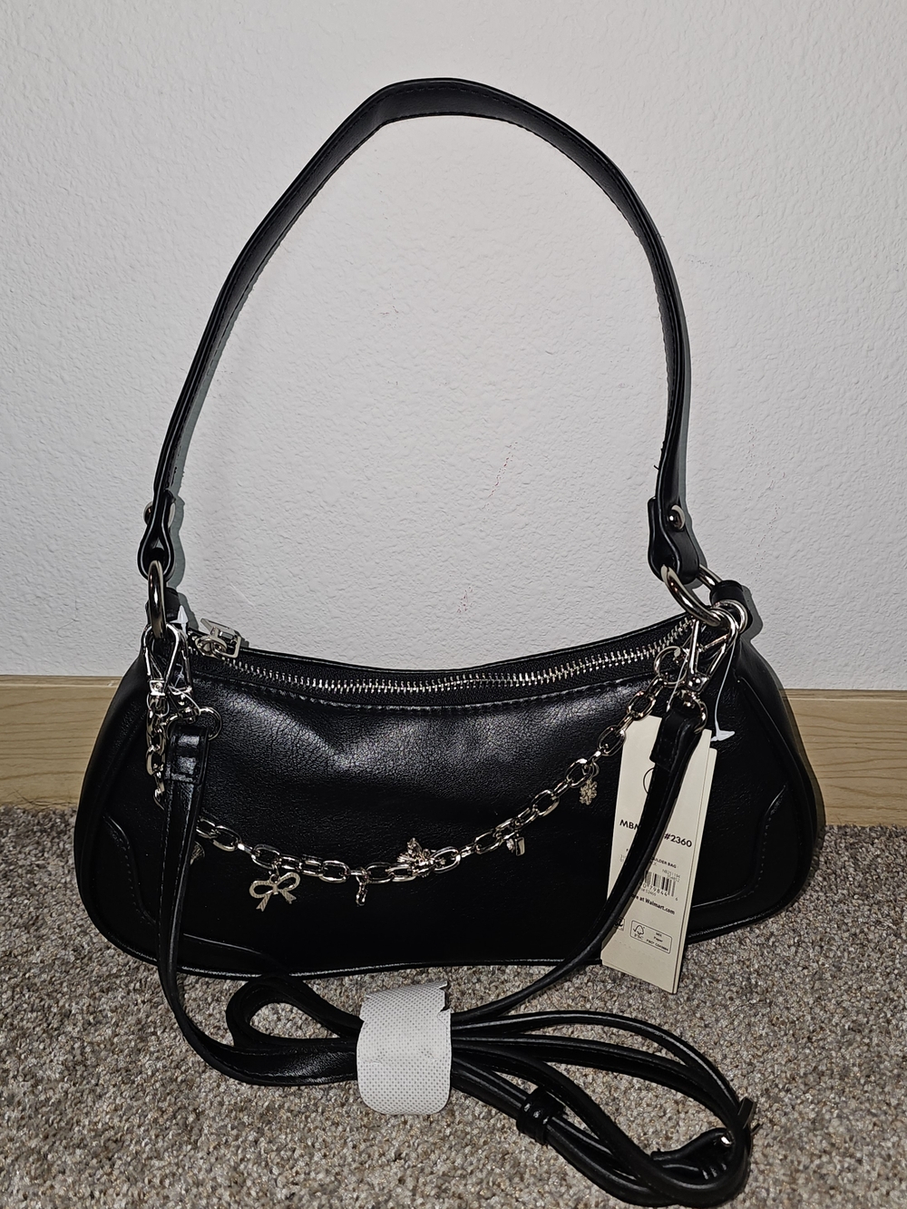 Black Women's Shoulder Bag with Charm Chain